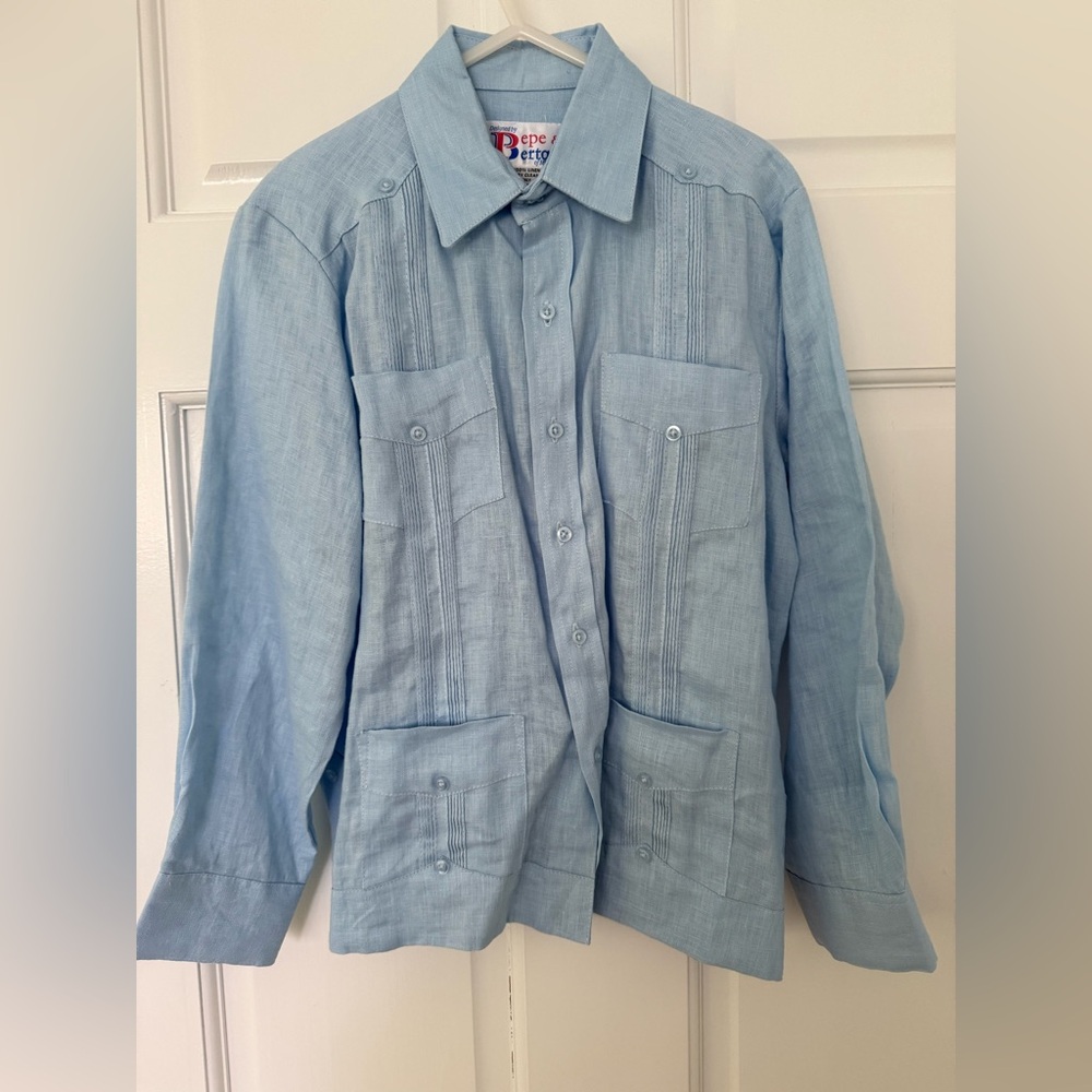 Boys Premium Irish Linen Long Sleeve Guayabera Size 6 Light Blue NWOT